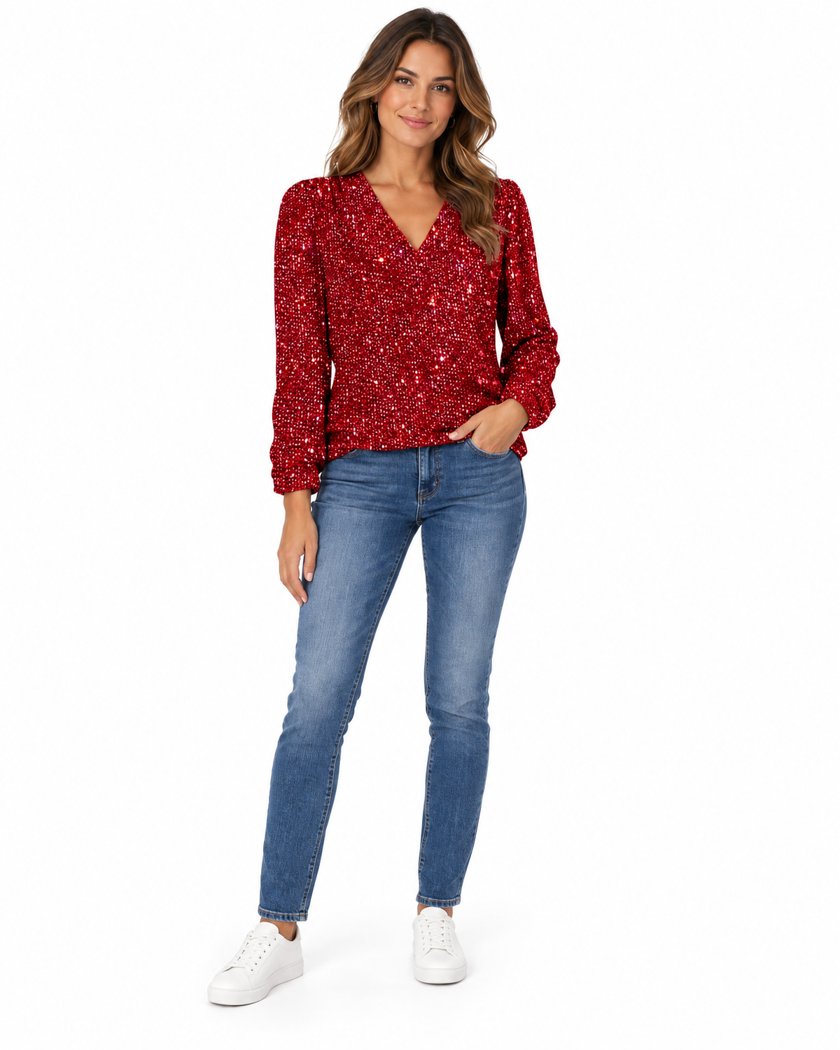 Seraphina Sequin V-Neck Top for Women - Long Sleeve Going Out in Red