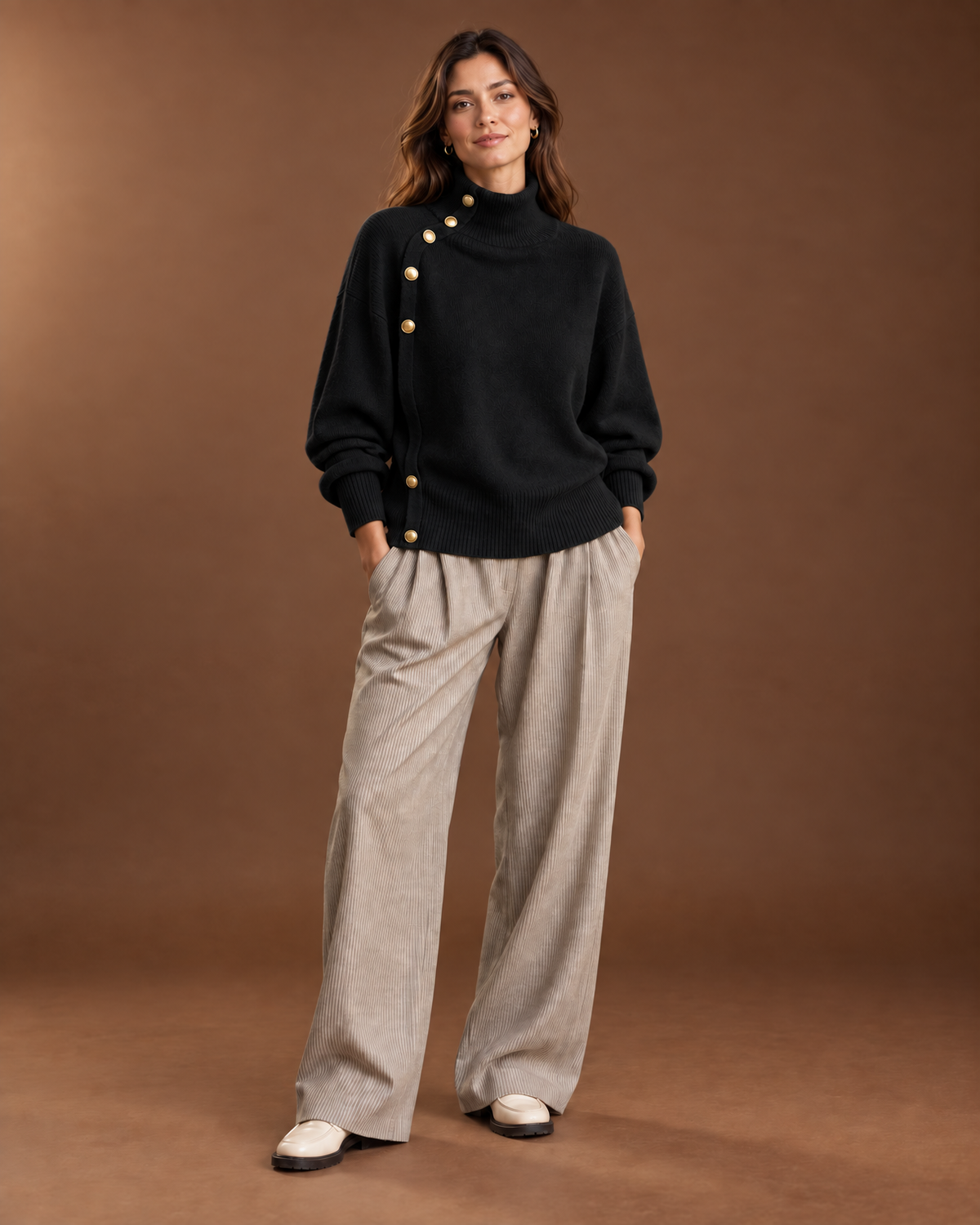 Solenne Mock Neck Sweater for Women - Asymmetric Gold Button Ribbed in Black