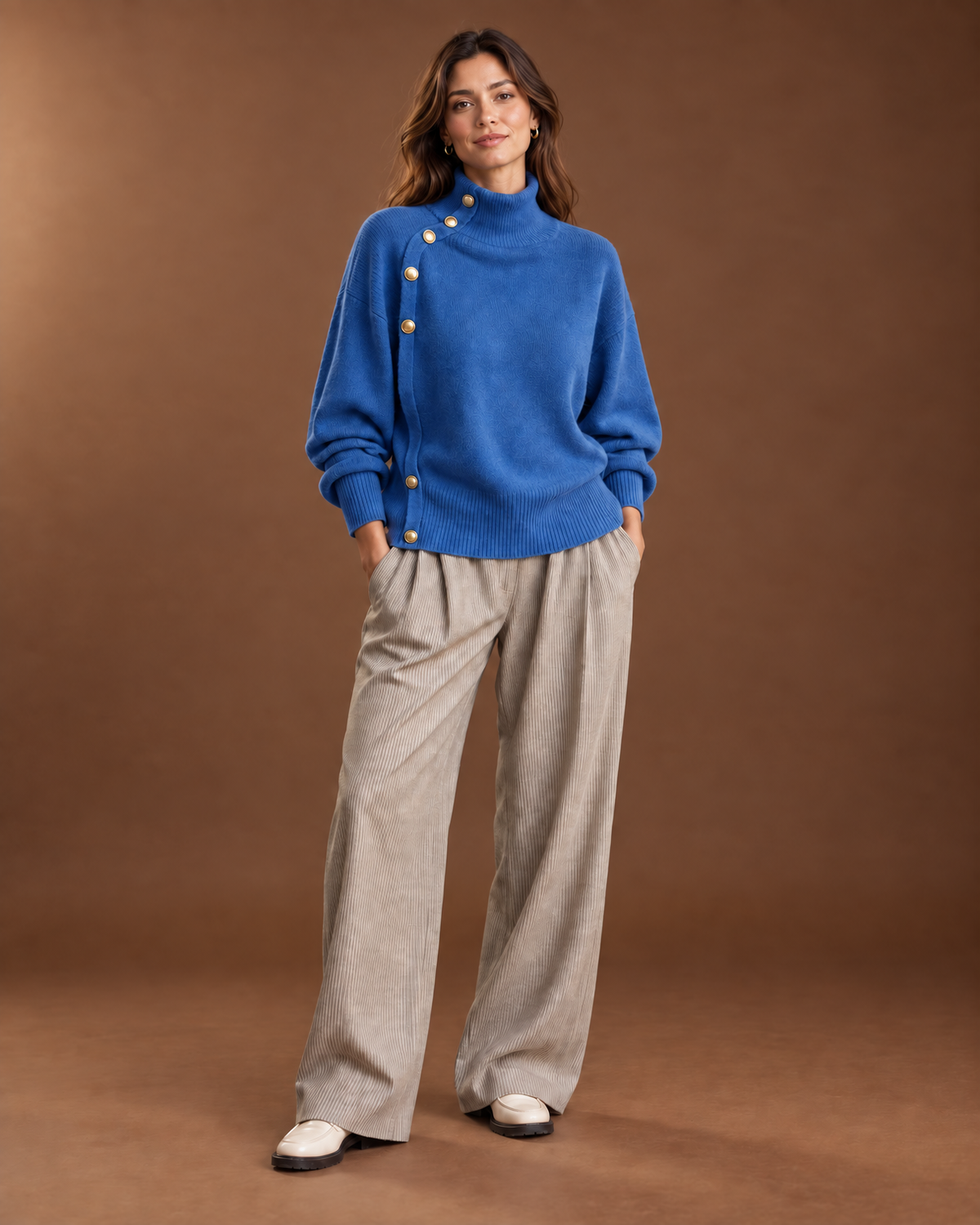 Solenne Mock Neck Sweater for Women - Asymmetric Gold Button Ribbed in Blue