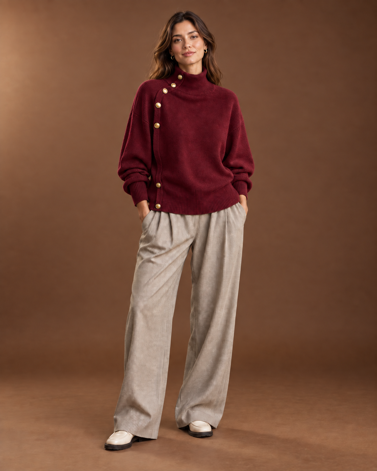 Solenne Mock Neck Sweater for Women - Asymmetric Gold Button Ribbed in Burgundy