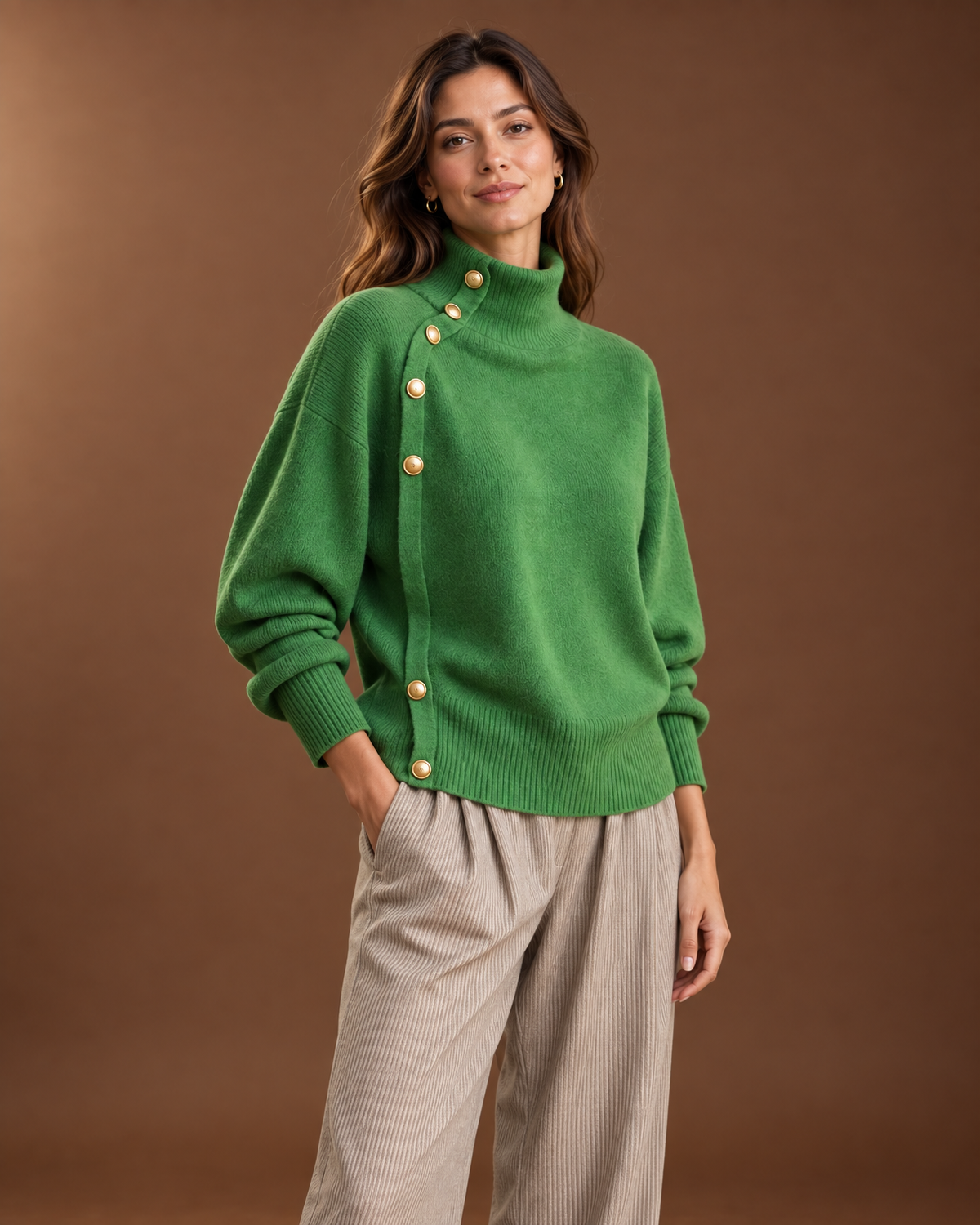 Solenne Mock Neck Sweater for Women - Asymmetric Gold Button Ribbed additional view