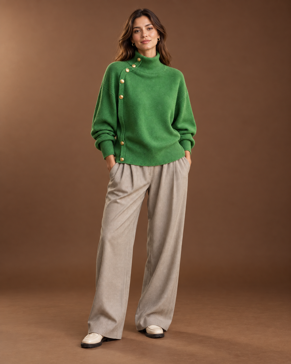 Solenne Mock Neck Sweater for Women - Asymmetric Gold Button Ribbed in Green