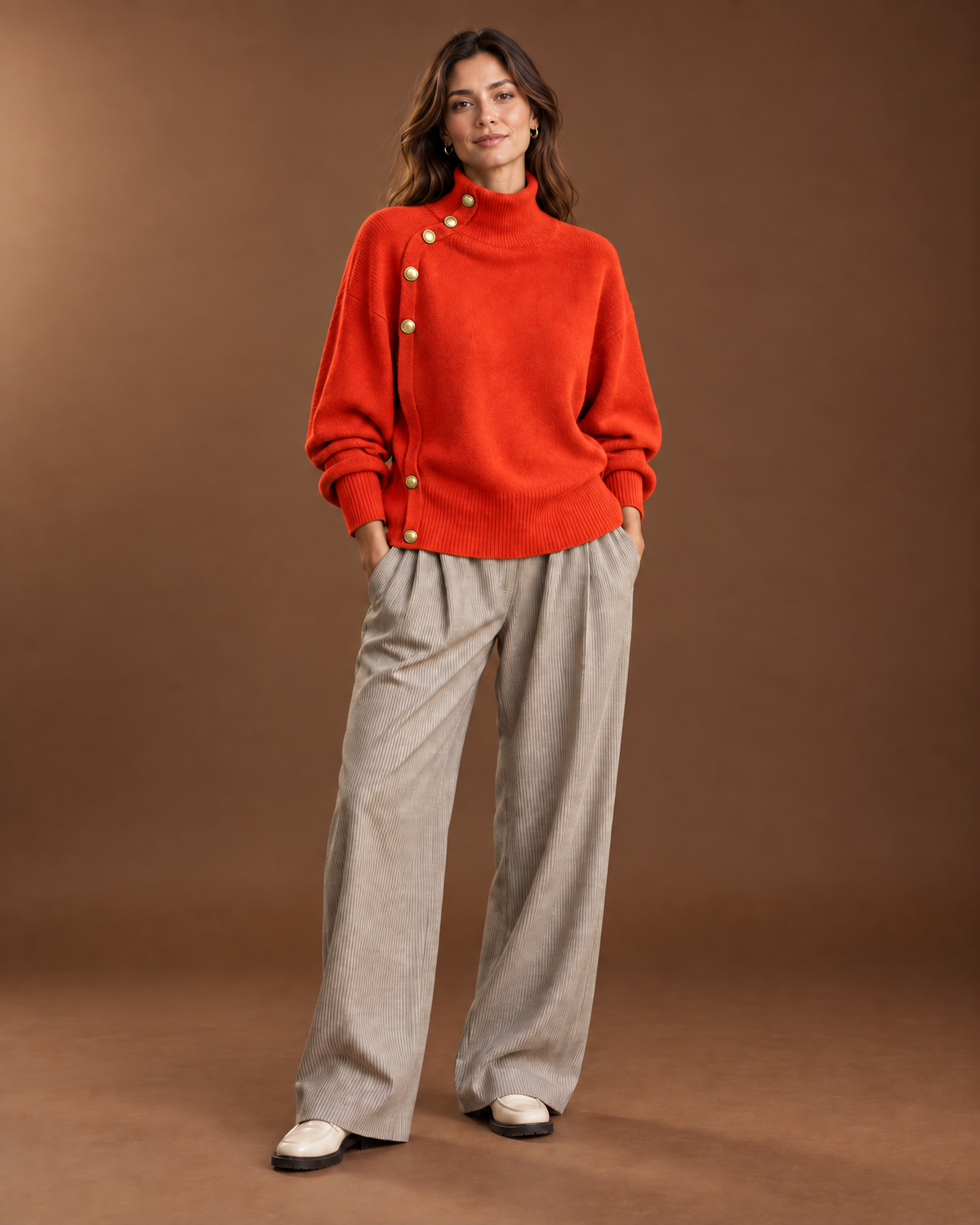 Solenne Mock Neck Sweater for Women - Asymmetric Gold Button Ribbed in Red-orange
