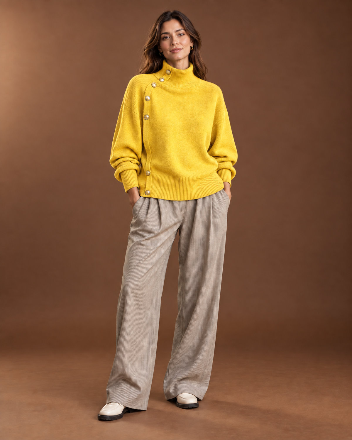 Solenne Mock Neck Sweater for Women - Asymmetric Gold Button Ribbed in Yellow