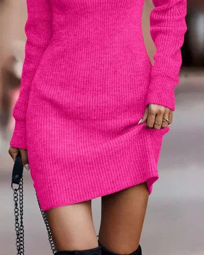 Sweater Dress – White Ribbed Knit Crew Neck Bodycon - Coral detail