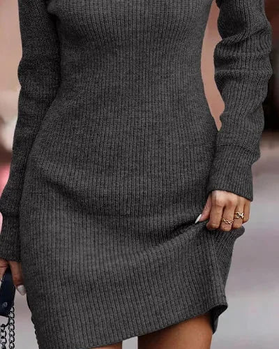 Sweater Dress – White Ribbed Knit Crew Neck Bodycon - Dark Gray detail