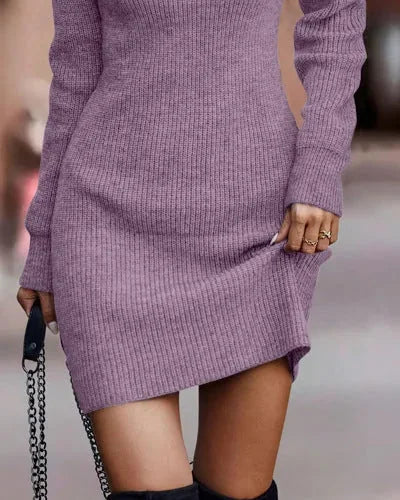 Sweater Dress – White Ribbed Knit Crew Neck Bodycon - Purple detail