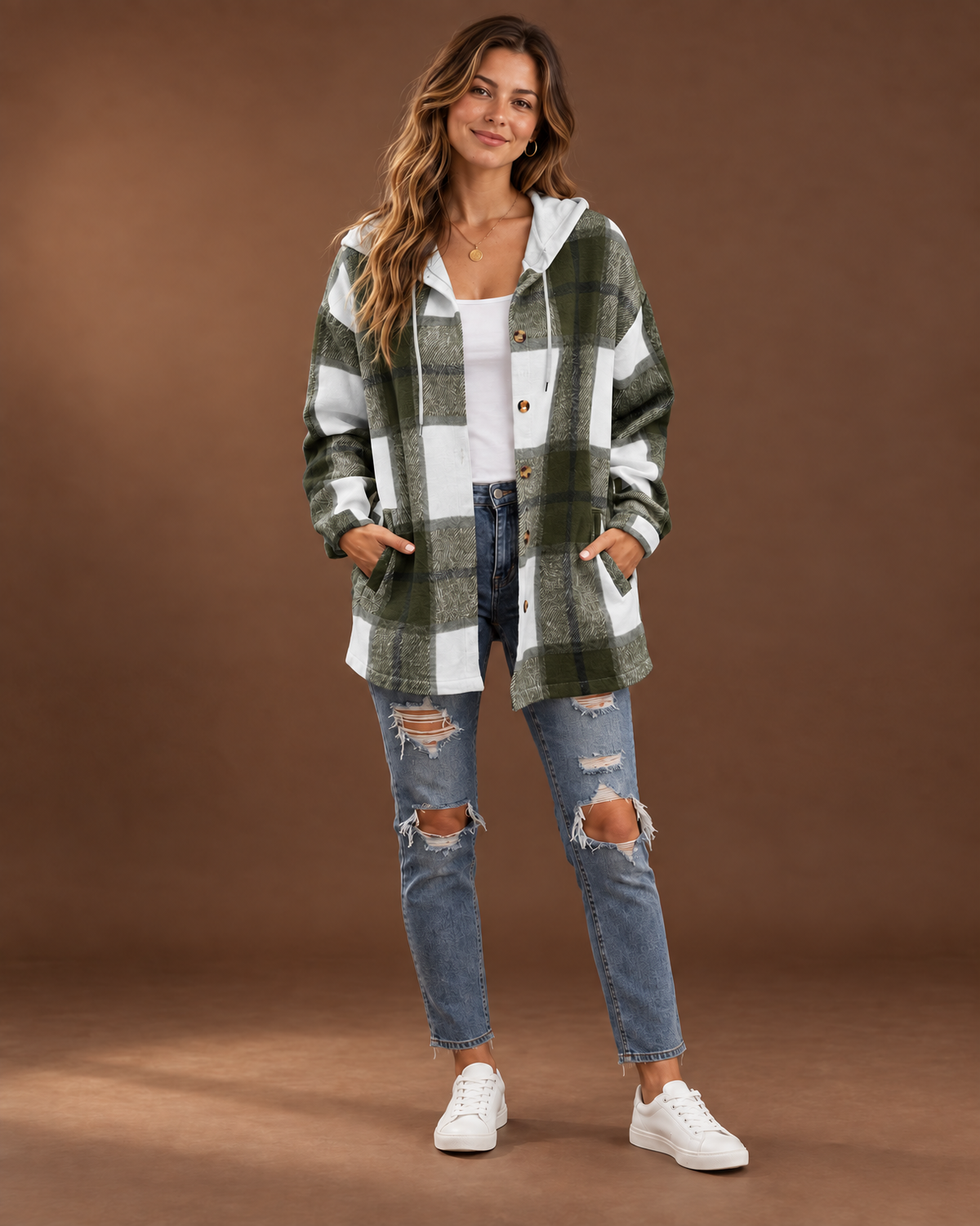 Theodora plaid hooded shacket in Army Green