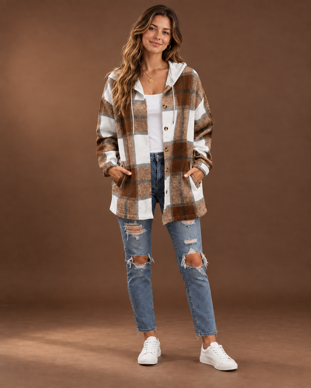 Theodora plaid hooded shacket in Bronze