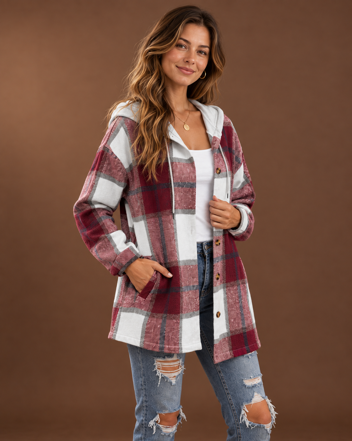 Theodora plaid hooded shacket close-up detail