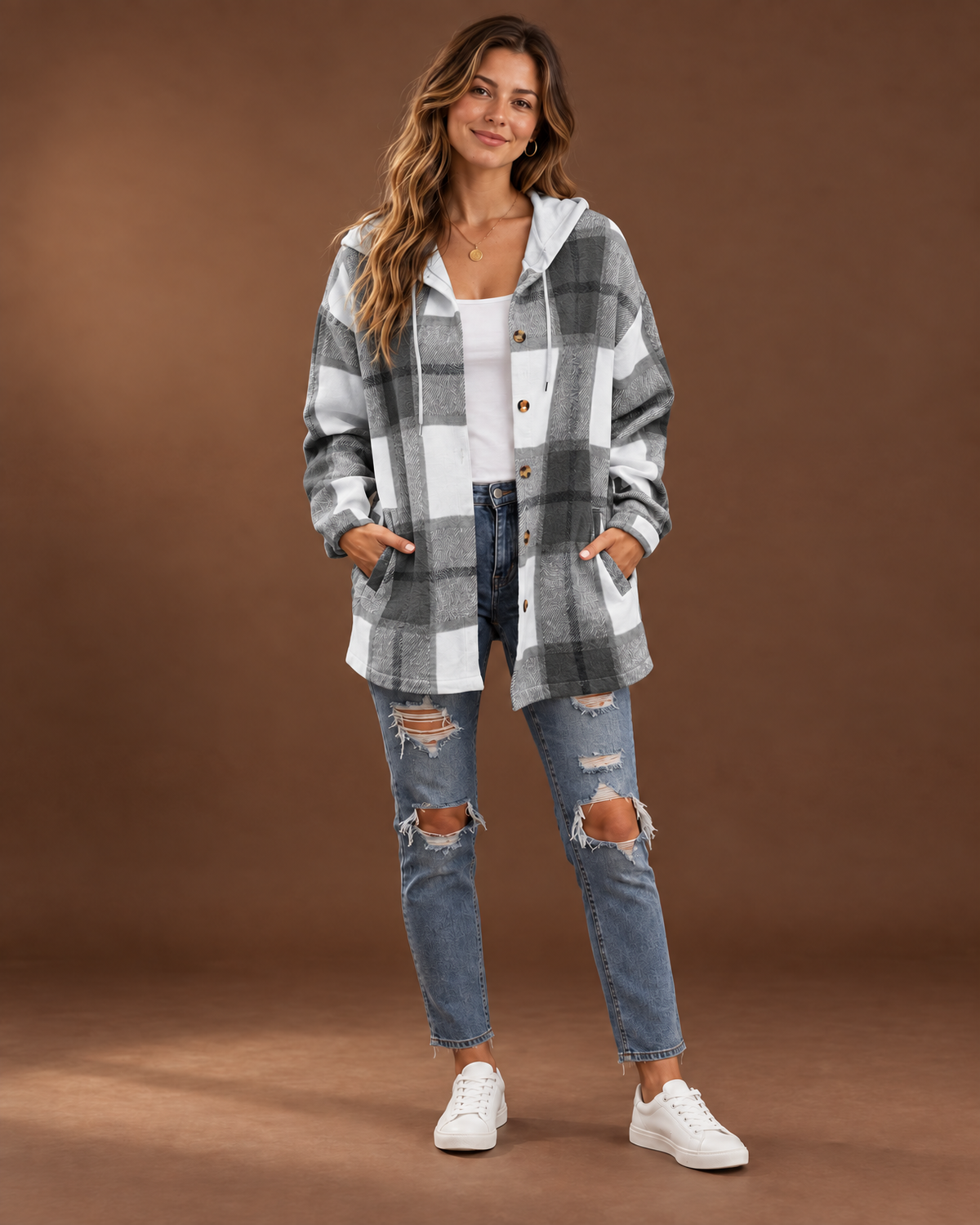 Theodora plaid hooded shacket in Grey