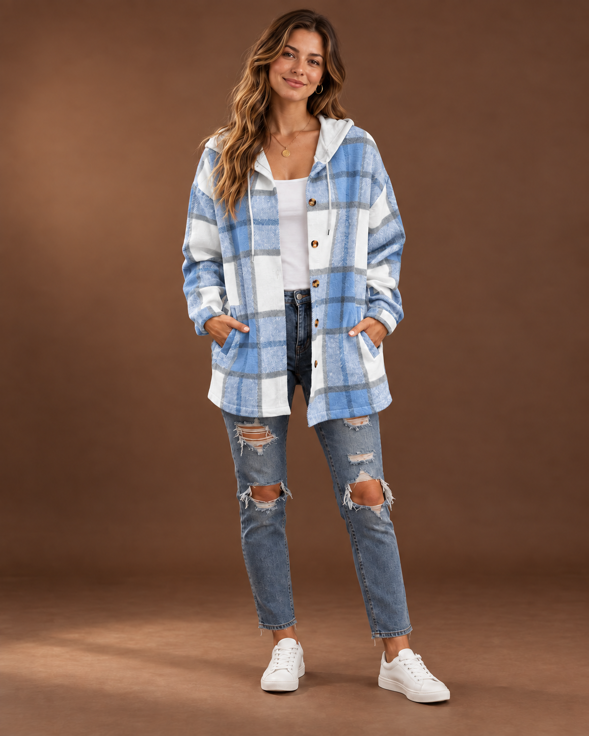 Theodora plaid hooded shacket in Light Blue