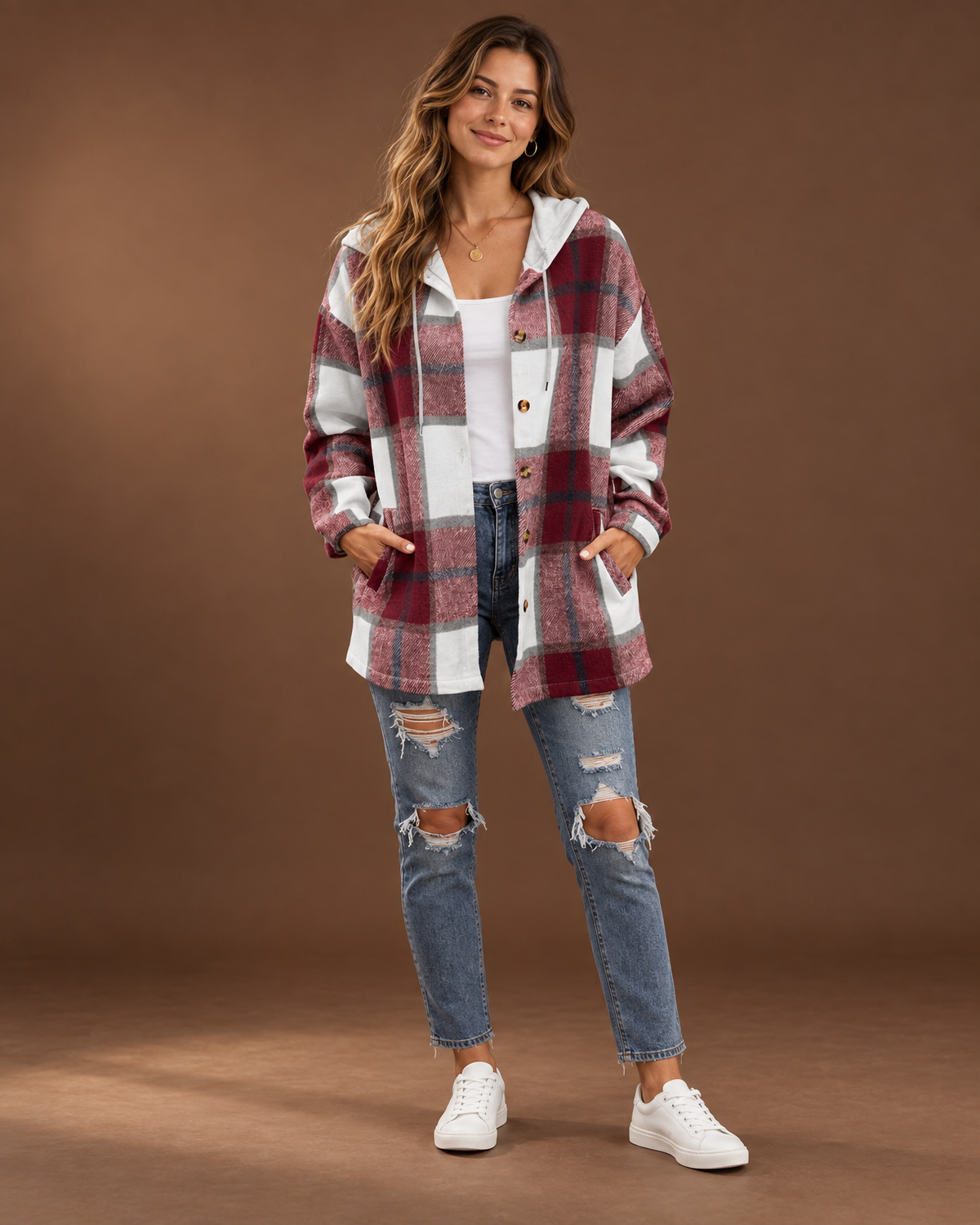 Theodora plaid hooded shacket in Wine Red