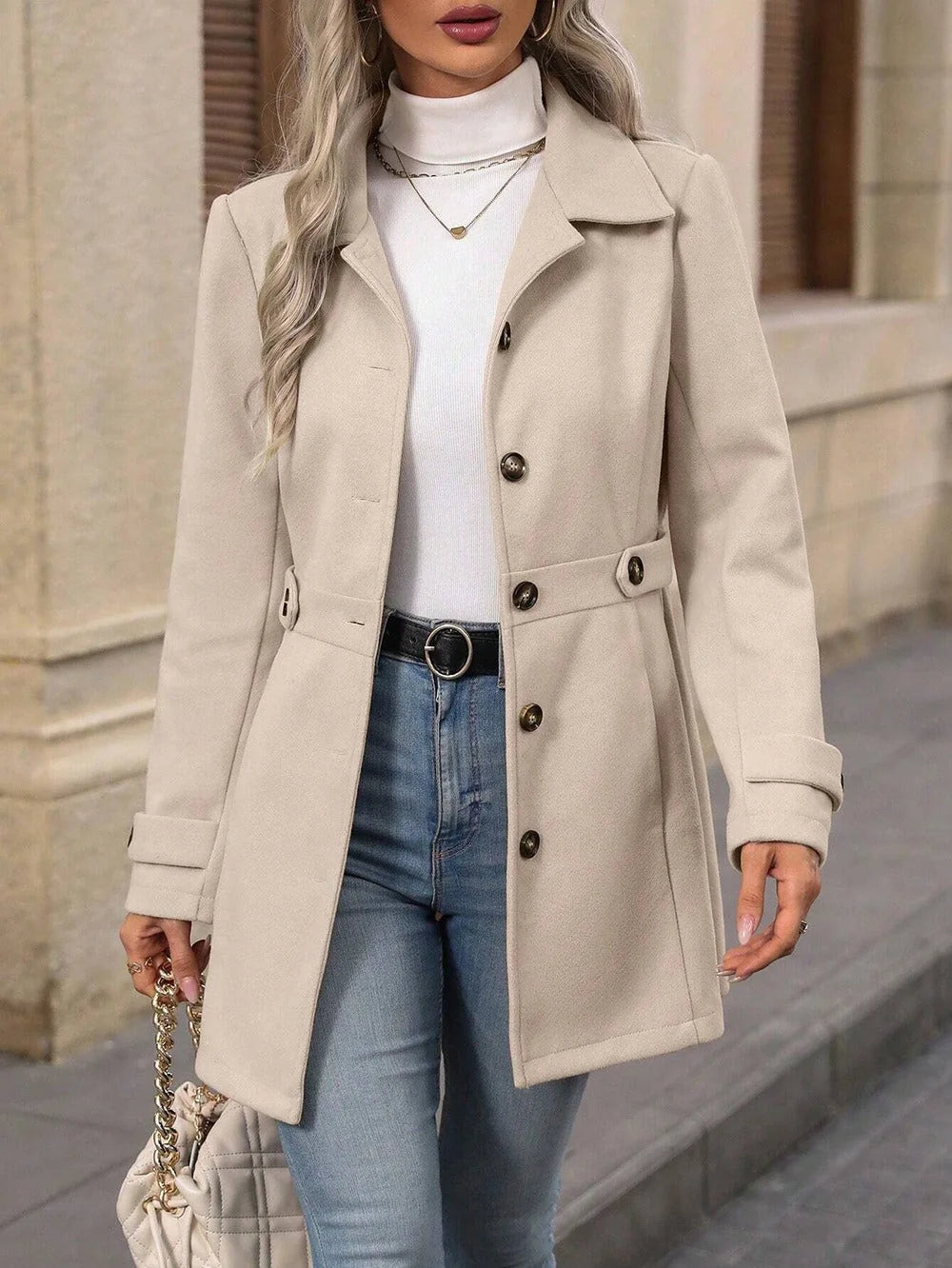 Trench Coat – Champagne Belted Button-Front