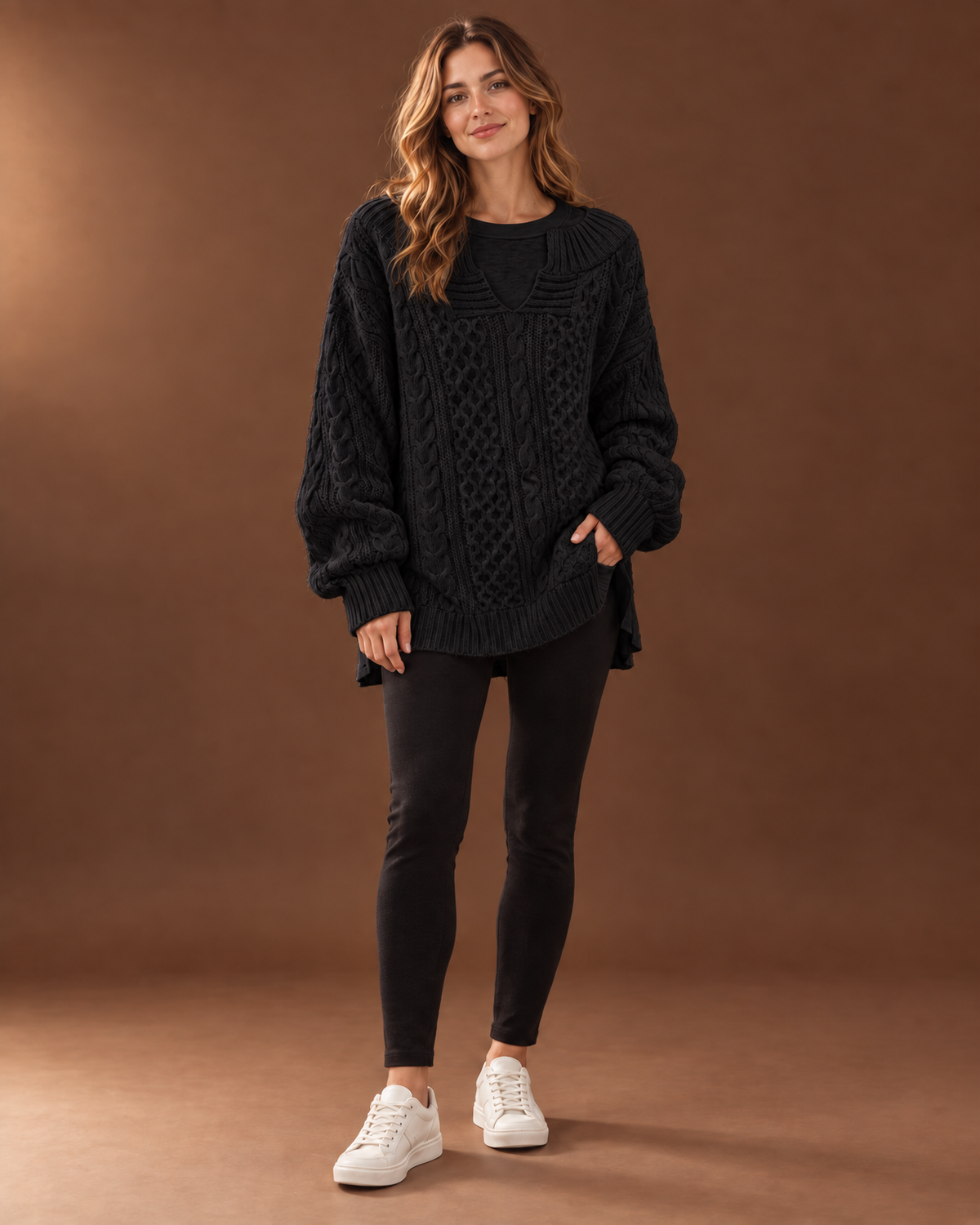 Verity Cable Knit Sweater for Women - V Neck Ribbed Cuff in Black