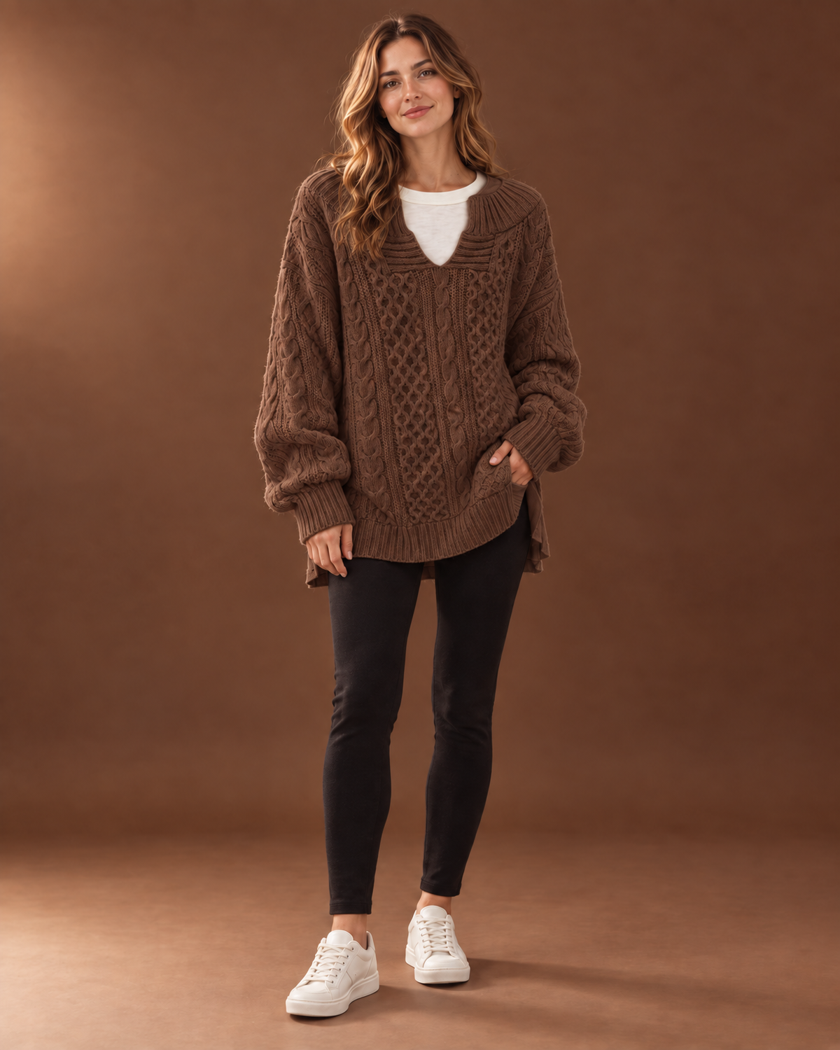 Verity Cable Knit Sweater for Women - V Neck Ribbed Cuff in Brown