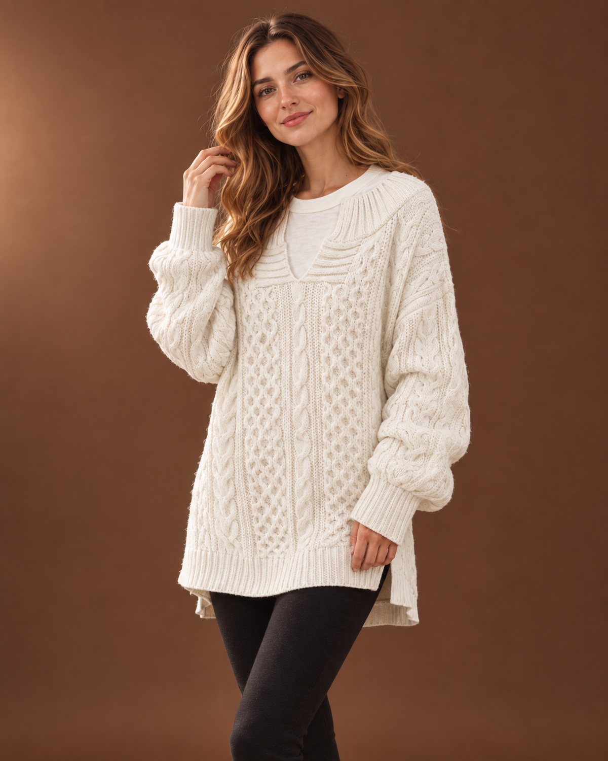 Verity Cable Knit Sweater for Women - V Neck Ribbed Cuff additional view