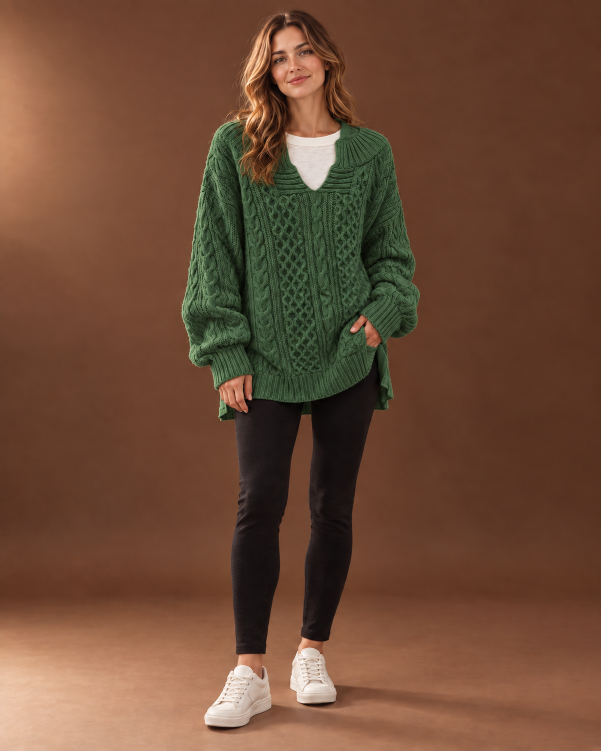 Verity Cable Knit Sweater for Women - V Neck Ribbed Cuff in Green