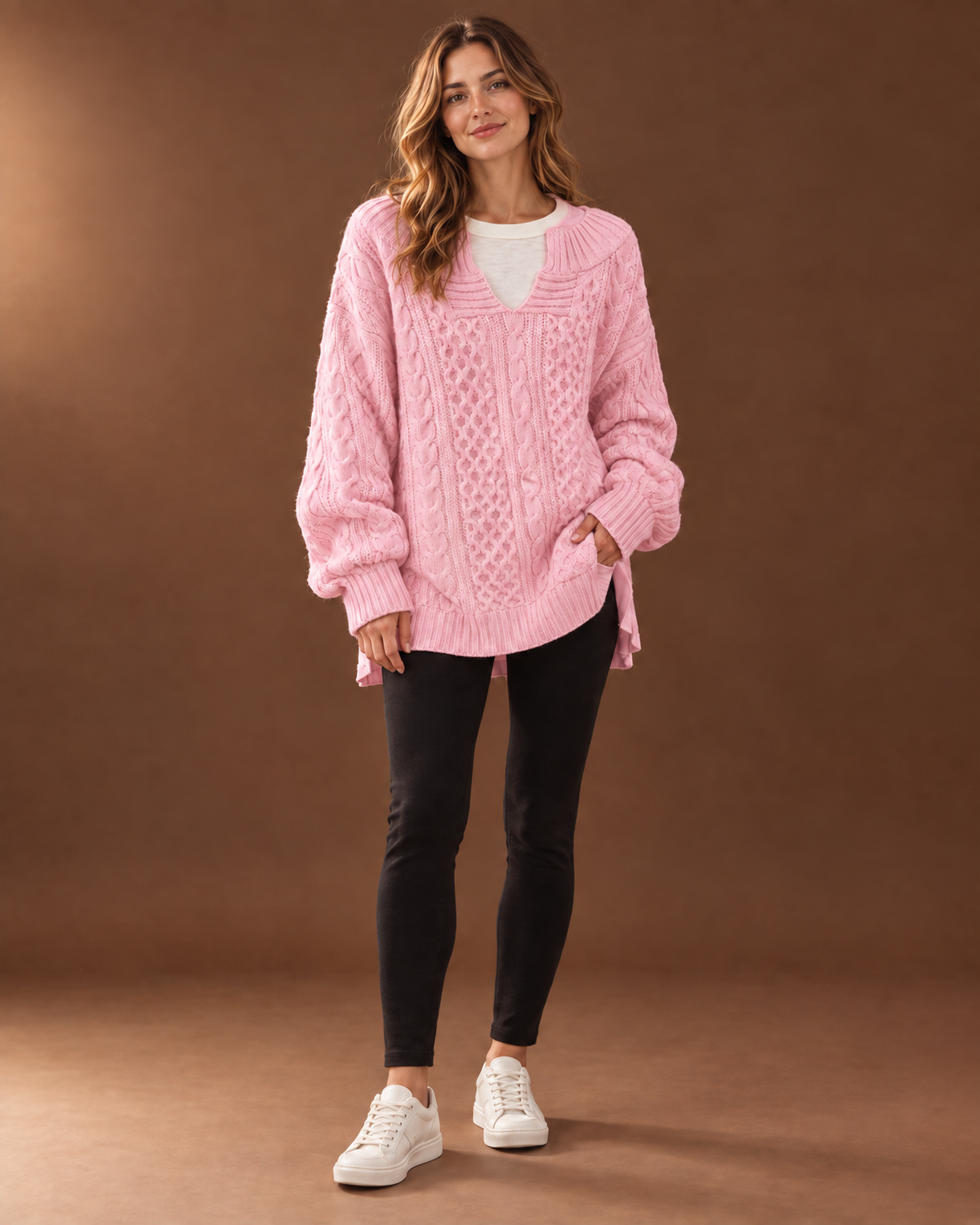Verity Cable Knit Sweater for Women - V Neck Ribbed Cuff in Pink