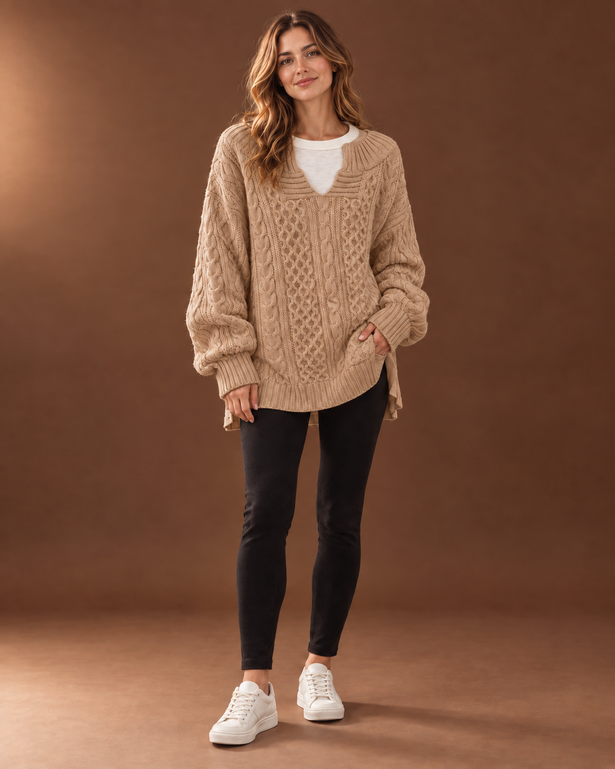 Verity Cable Knit Sweater for Women - V Neck Ribbed Cuff in Tan