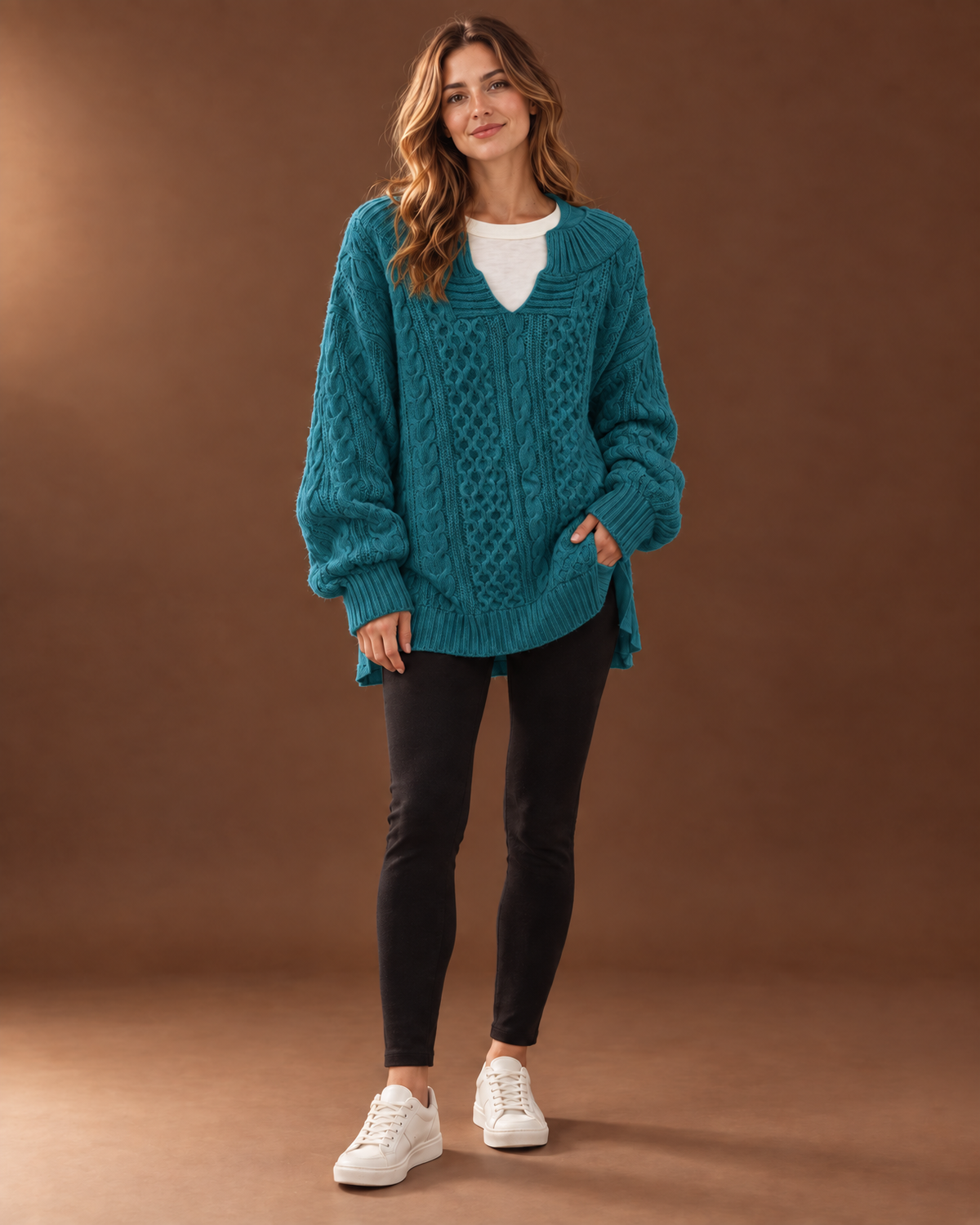 Verity Cable Knit Sweater for Women - V Neck Ribbed Cuff in Teal
