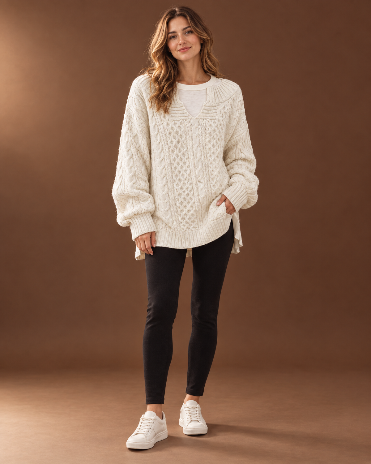 Verity Cable Knit Sweater for Women - V Neck Ribbed Cuff in White