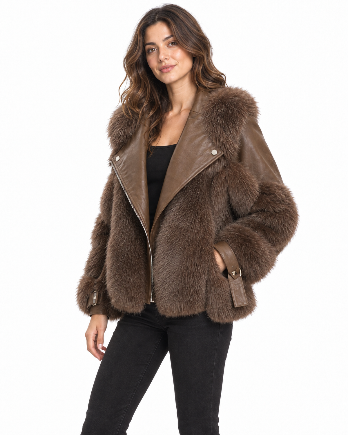 Vesna Faux Fur Moto Jacket for Women - Cropped Faux Leather Zip-Up additional view