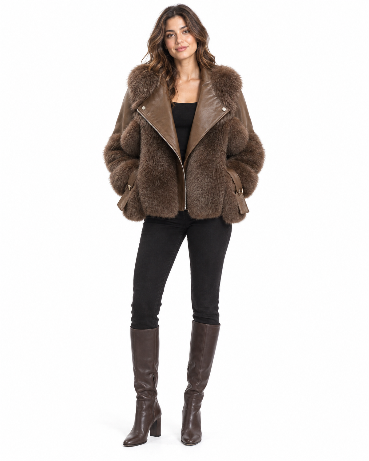 Vesna Faux Fur Moto Jacket for Women - Cropped Faux Leather Zip-Up in Chocolate