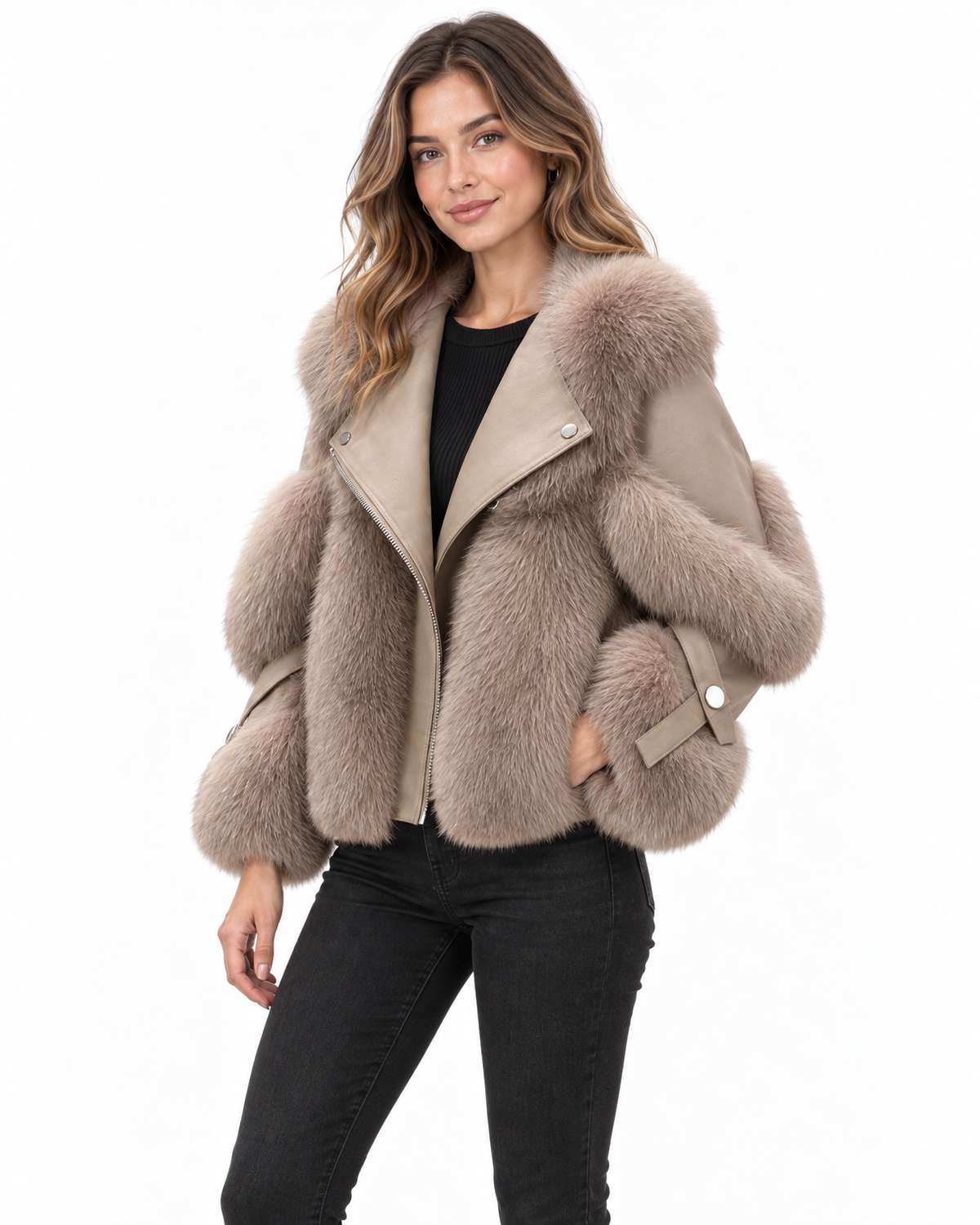 Vesna Faux Fur Moto Jacket for Women - Cropped Faux Leather Zip-Up additional view