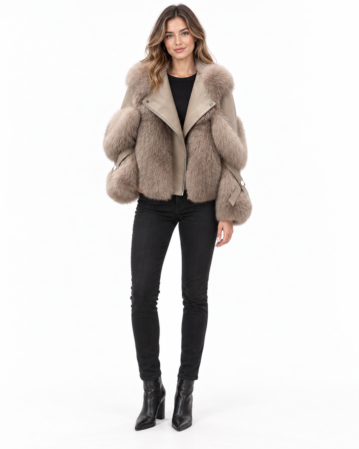 Vesna Faux Fur Moto Jacket for Women - Cropped Faux Leather Zip-Up in Cocoa
