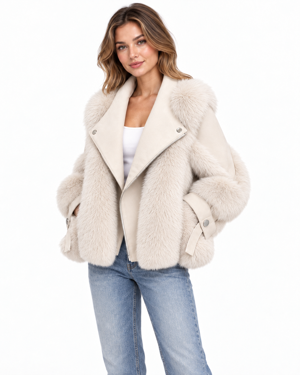Vesna Faux Fur Moto Jacket for Women - Cropped Faux Leather Zip-Up additional view
