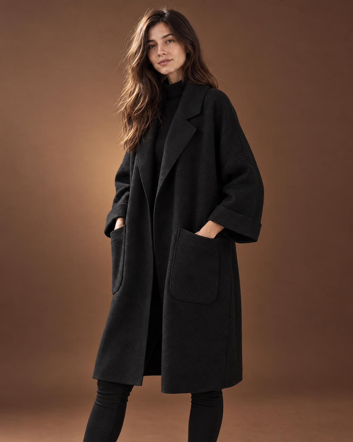 Vesper Cocoon Coat in Black, detail view