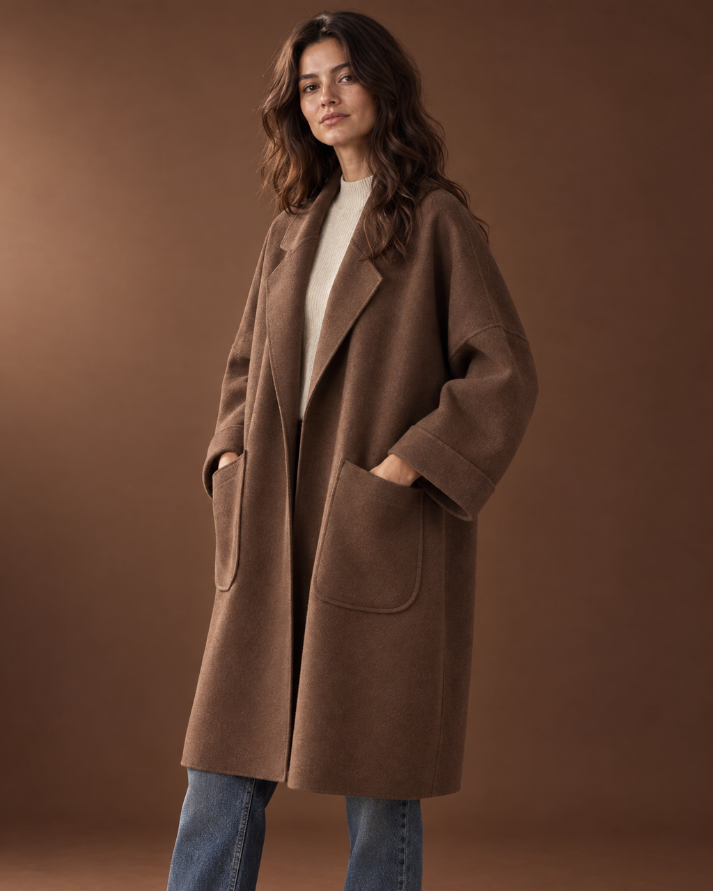 Vesper Cocoon Coat in Brown, detail view