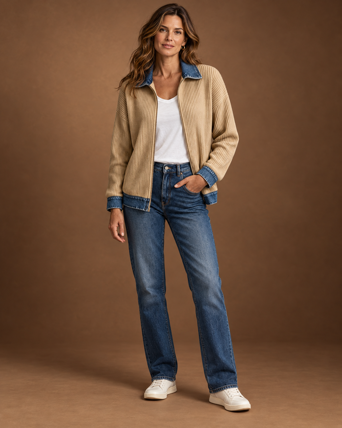 Wilhelmina Denim Contrast Shirt Jacket for Women - Ribbed Zip Front in Black