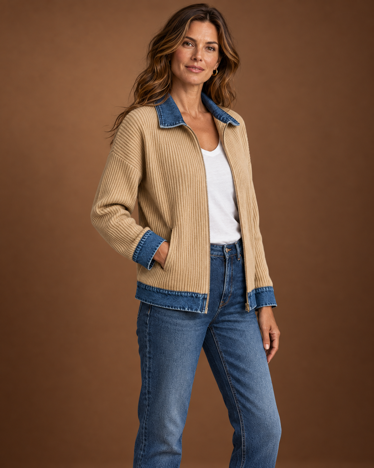 Wilhelmina Denim Contrast Shirt Jacket for Women - Ribbed Zip Front additional view