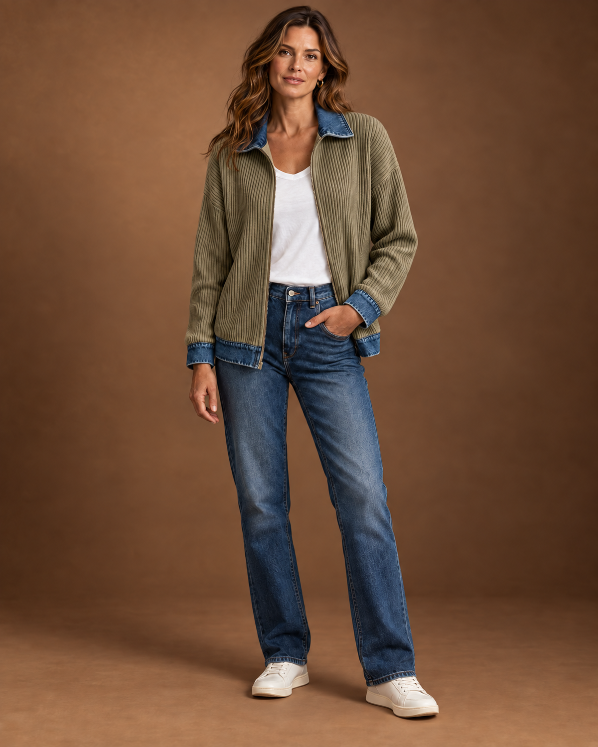 Wilhelmina Denim Contrast Shirt Jacket for Women - Ribbed Zip Front in Khaki