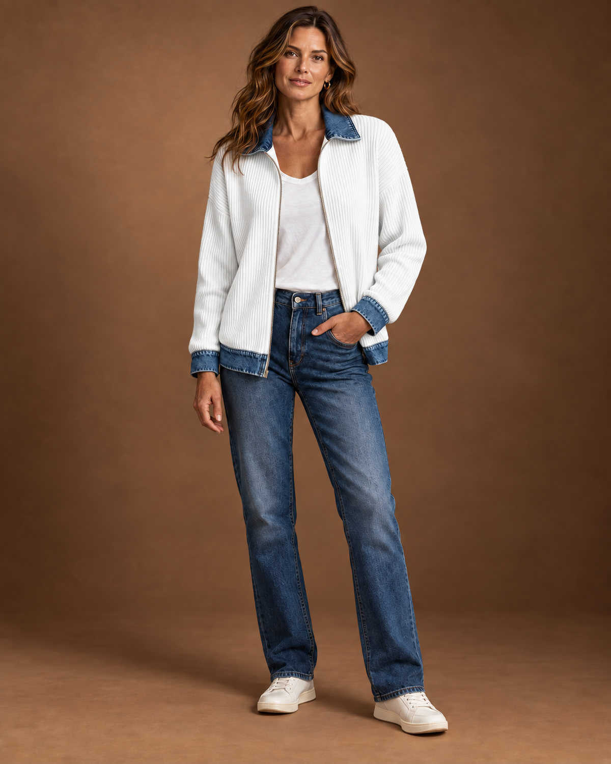 Wilhelmina Denim Contrast Shirt Jacket for Women - Ribbed Zip Front in White