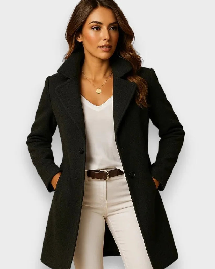 Wool Coat – Camel Long Lapel Collar - Black detail