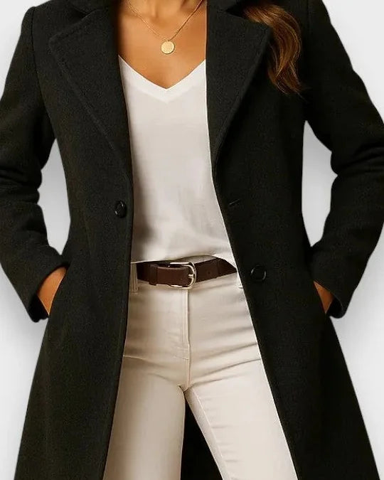 Wool Coat – Camel Long Lapel Collar - Black detail
