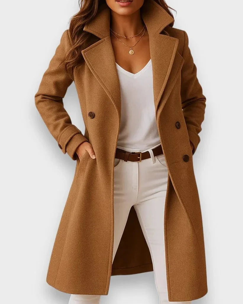 Wool Coat – Camel Long Lapel Collar - Camel detail