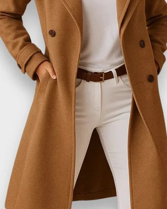 Wool Coat – Camel Long Lapel Collar - Camel detail