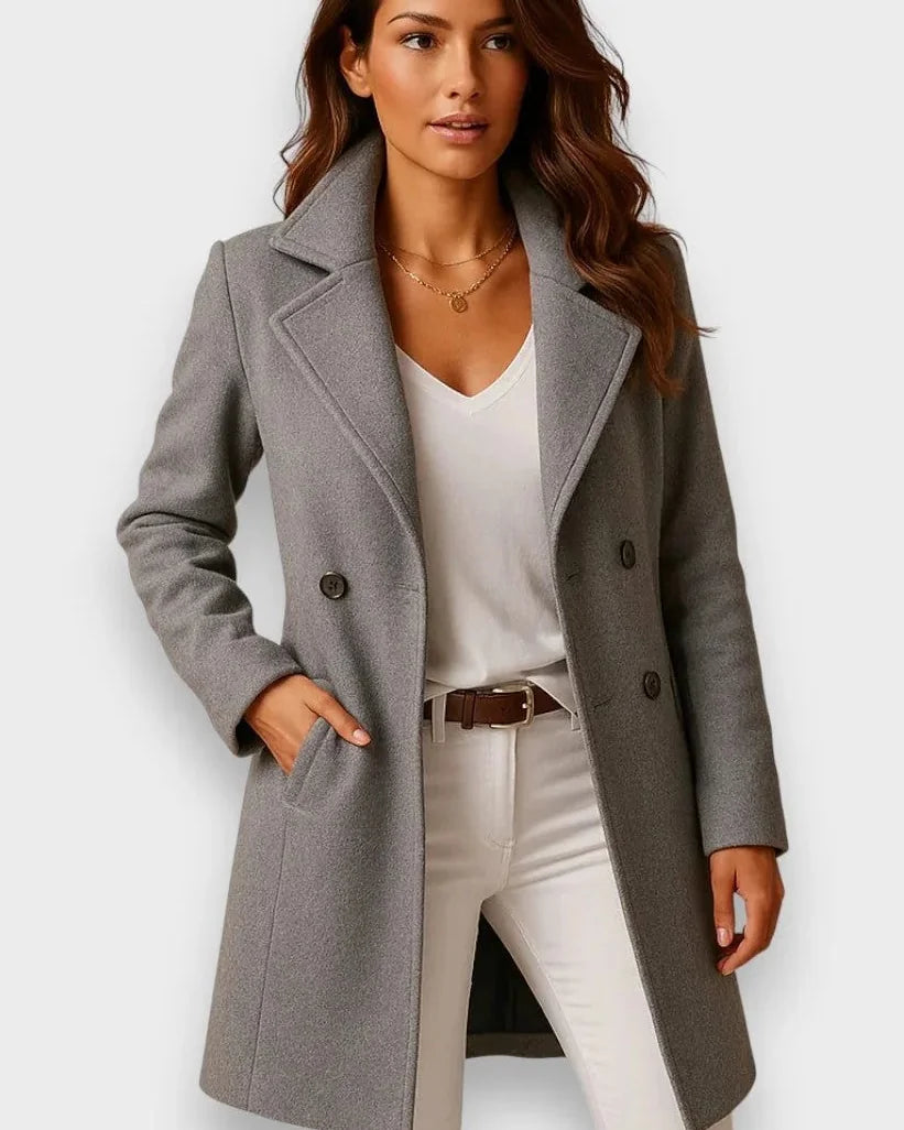 Wool Coat – Camel Long Lapel Collar - Gray detail