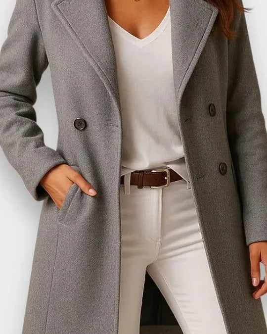 Wool Coat – Camel Long Lapel Collar - Gray detail